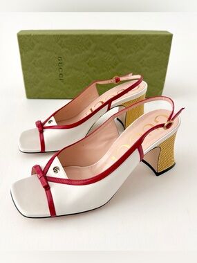 GUCCI | GG Logo Ribbon Slingback Sandals White Leather Red Trim Gold Heel 38.5